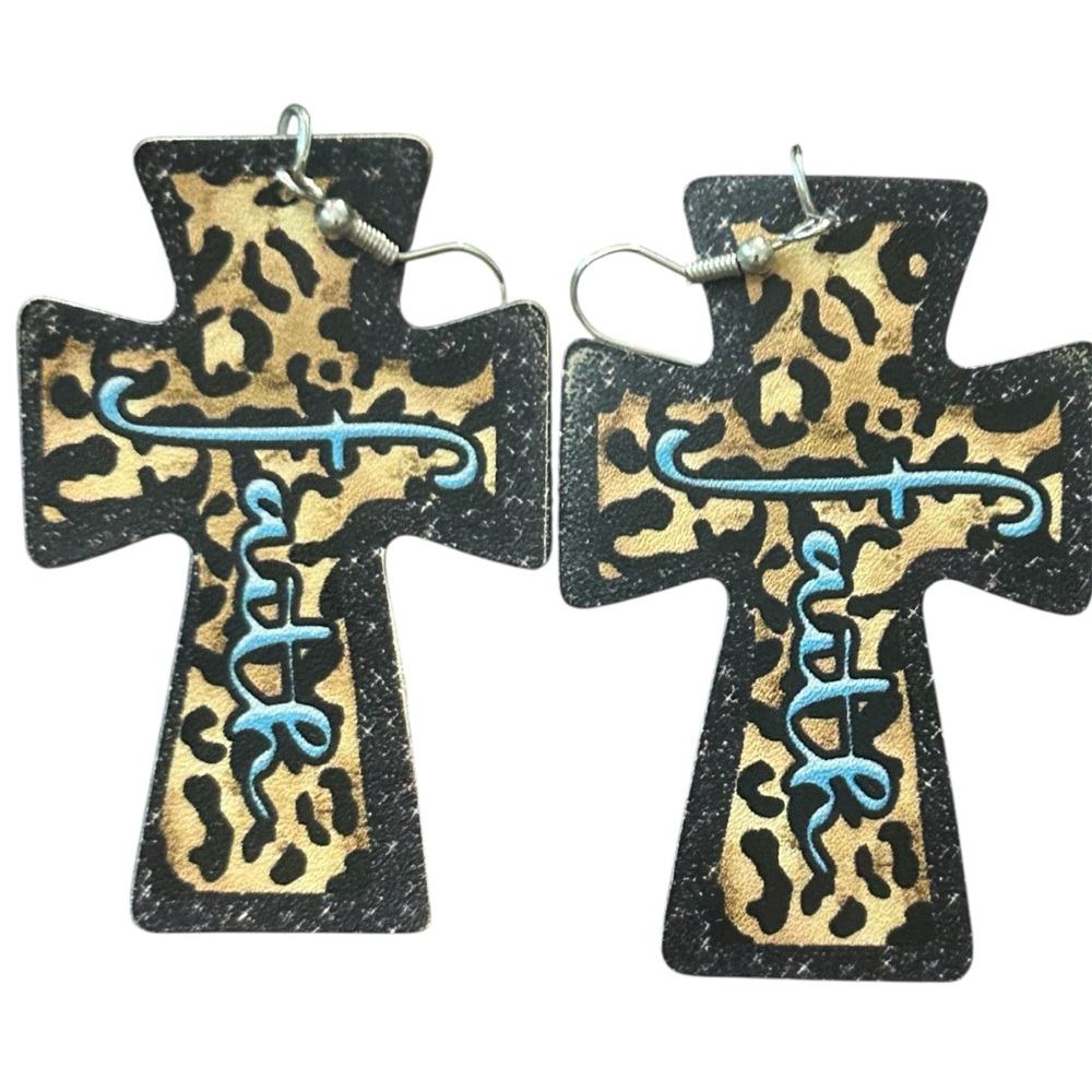 Leopard Cross Earrings‎ Turquoise Faith Western Country Dangle Drop